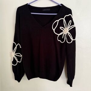 Black V-Neck Sweater with Cream Floral Design, Size Large